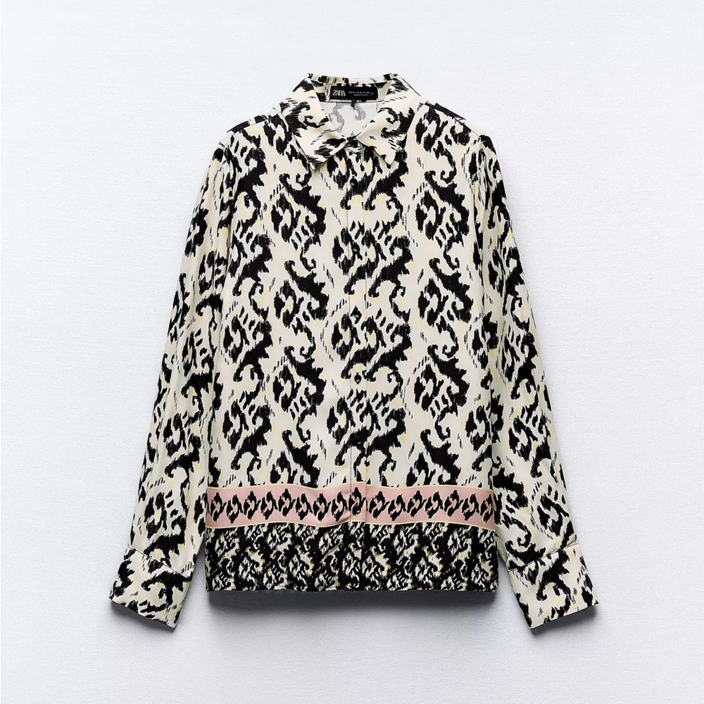 Zara Monochrome Patterned Blouse with Pink Detail